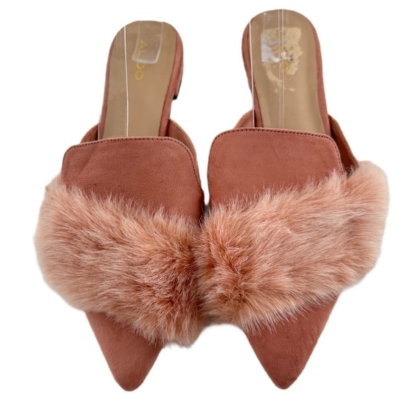 Aldo womens flats size 9 40 pink faux suede faux fur pointy toe slip on mules - Picture 1 of 12
